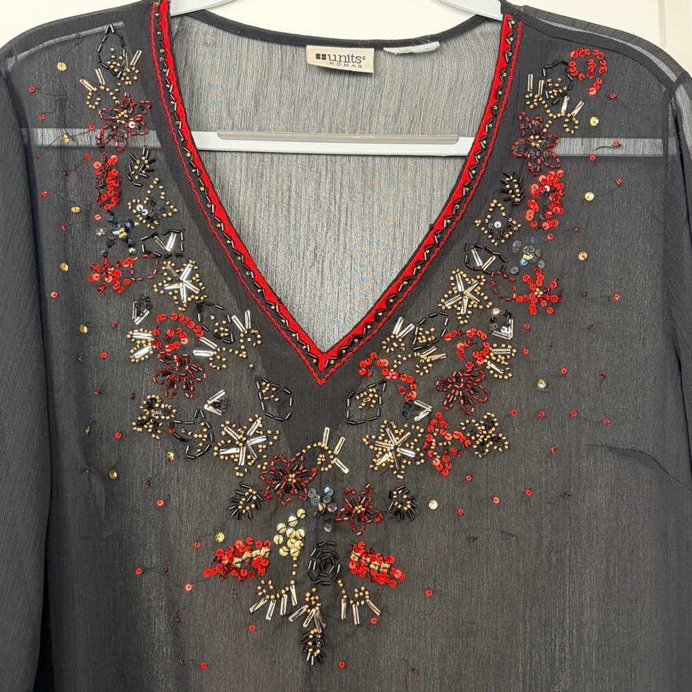 Units Woman Beaded Sheer Chiffon Tunic Top L Black Red